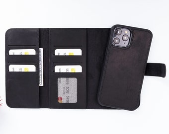 Personalized iPhone Leather Wallet Case: Full Grain, Magnetic Detachable