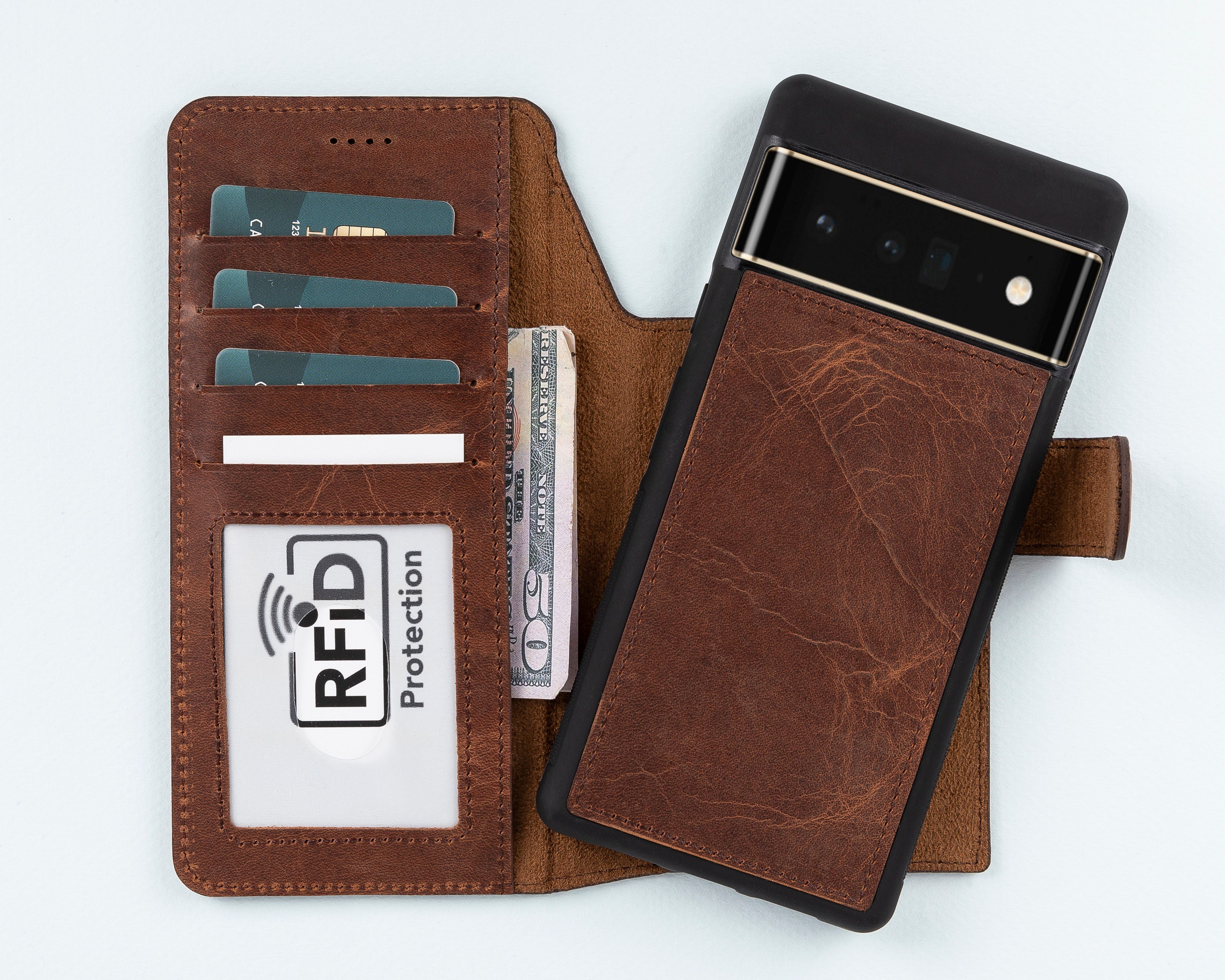 FEI STUDIO Vintage Genuine Leather Wallet RFID Blocking Bifold Purse Card Organizer Brown 