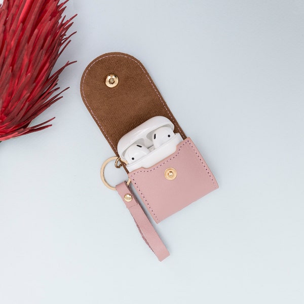 Personalized AirPods Leather Case Handmade Earphone Headphone Accessories Protective Cover Supports Wireless Charge Laser Engrave - PINK