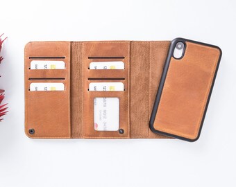 iPhone XR Case, iPhone XR Wallet Case, Magnetic Detachable Full Grain Leather iPhone XR Case, Maximum Protective Back Cover, Wireless Charge