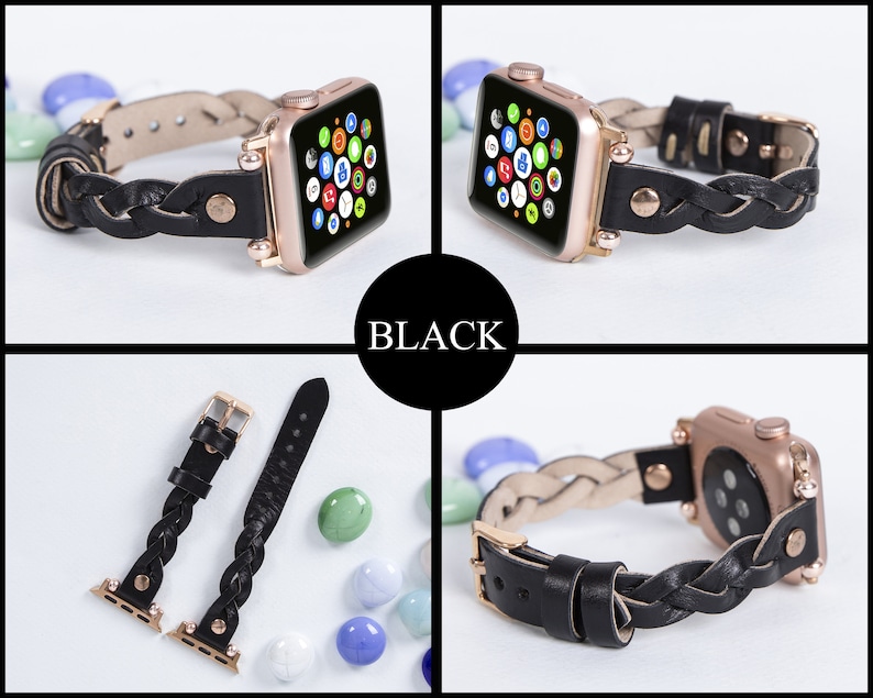 May include: Black braided leather Apple Watch band with gold hardware. The band is shown on a white background with a few decorative stones.