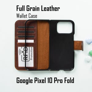 May include: A brown full-grain leather wallet case for the Google Pixel 10 Pro Fold phone. The case has a black phone holder, card slots, and RFID protection. Text on the case reads "Full Grain Leather Wallet Case" and "Google Pixel 10 Pro Fold".