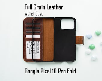Full-Grain Leather Pixel 10 Pro Fold Wallet Case RFID Card Holder Magnetic Flip Cover