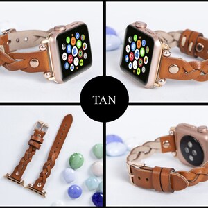 K&ouml;nnte beinhalten: Gewebtes Apple Watch Armband aus braunem Leder mit einem ros&eacute;goldenen Zifferblatt. Das Armband ist auf einem wei&szlig;en Hintergrund mit bunten Murmeln abgebildet.