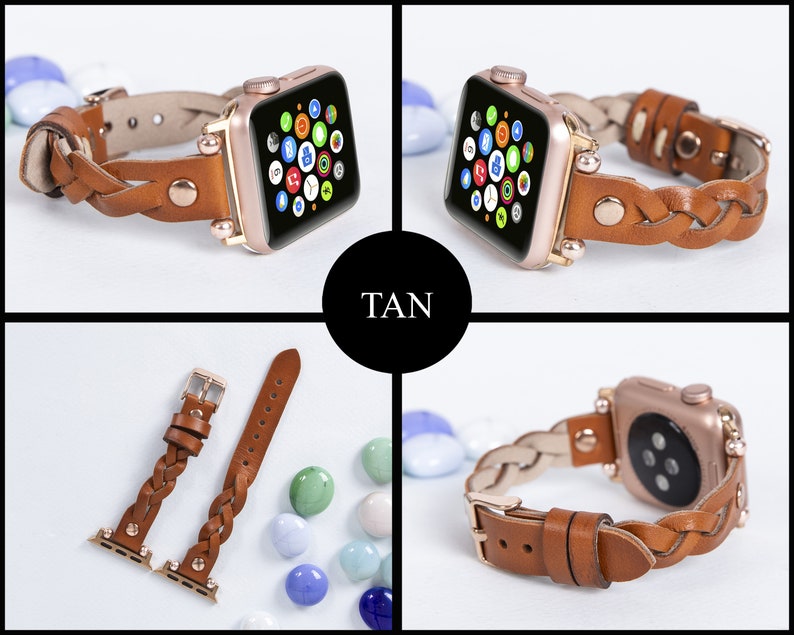 K&ouml;nnte beinhalten: Gewebtes Apple Watch Armband aus braunem Leder mit einem ros&eacute;goldenen Zifferblatt. Das Armband ist auf einem wei&szlig;en Hintergrund mit bunten Murmeln abgebildet.