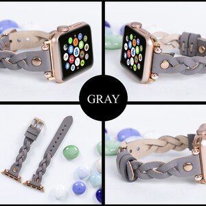 K&ouml;nnte beinhalten: Graues geflochtenes Lederarmband f&uuml;r Apple Watch mit ros&eacute;goldenen Beschl&auml;gen. Das Armband ist auf einem Zifferblatt und als separates Armband abgebildet.