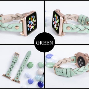 May include: A mint green braided leather watch band with a rose gold watch face. The band is shown in multiple views, including a close-up of the braided design and the band detached. The word "GREEN" is in a black circle.