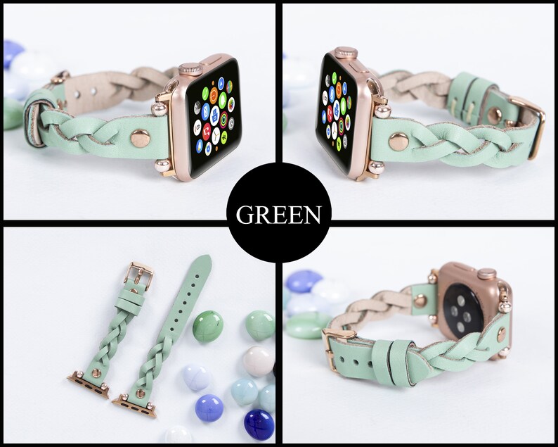 May include: A mint green braided leather watch band with a rose gold watch face. The band is shown in multiple views, including a close-up of the braided design and the band detached. The word "GREEN" is in a black circle.
