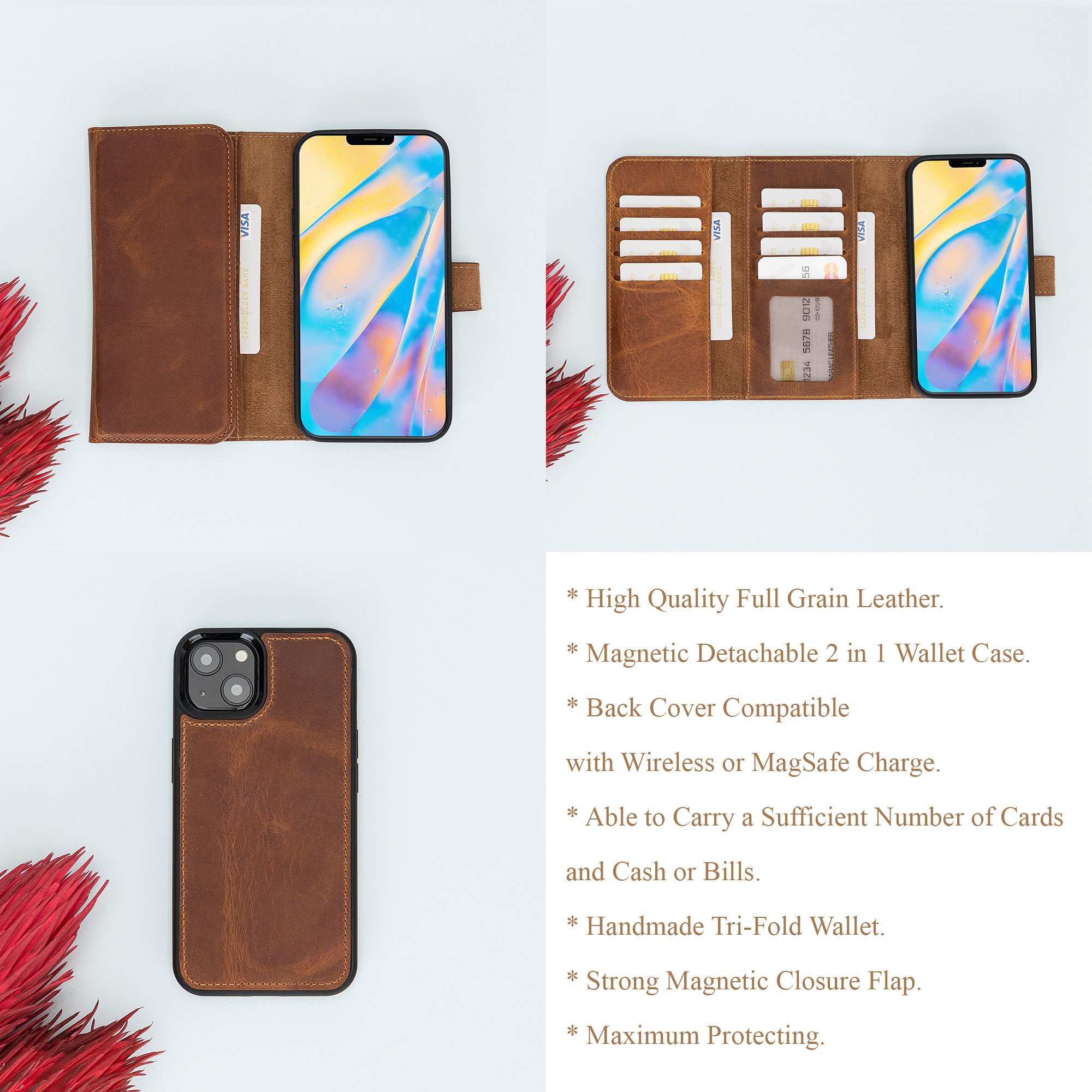 Leather Iphone 13 Wallet Case Full Grain Leather Trifold Etsy