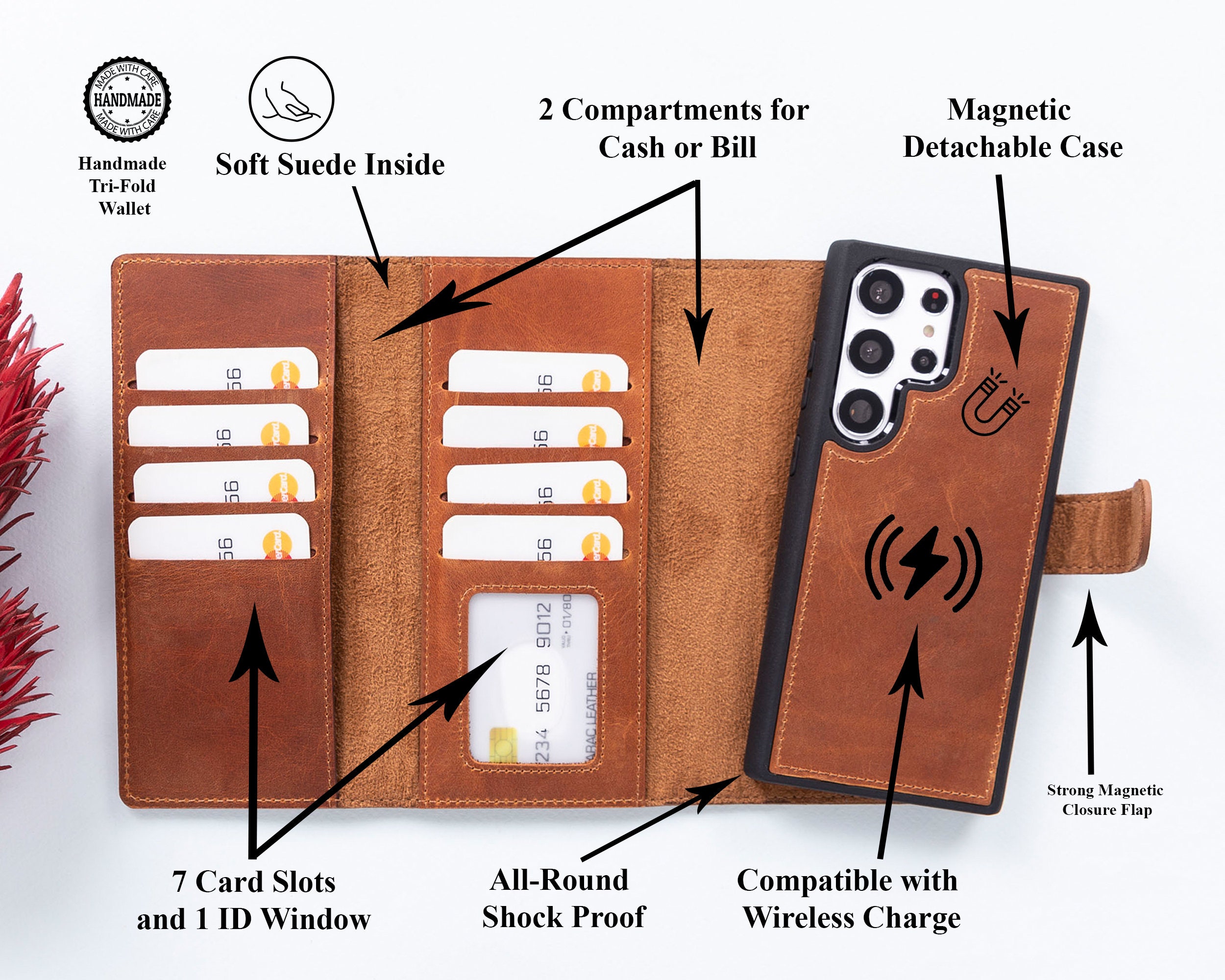Galaxy S25 Ultra用フルグレインレザーマグネット式ウォレットケース、取り外し可能なカバー、ワイヤレス充電対応 - Etsy 日本