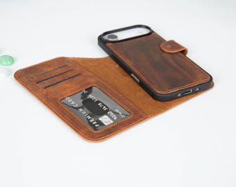 iPhone 17 Pro Max Leather Wallet Case, Magnetic Detachable Back, RFID Stand, Personalized Gift