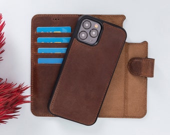 May include: A brown leather phone case with a built-in card holder. The case has a flap that folds over the phone and secures with a magnetic closure. The case is designed for a smartphone with a camera bump.
