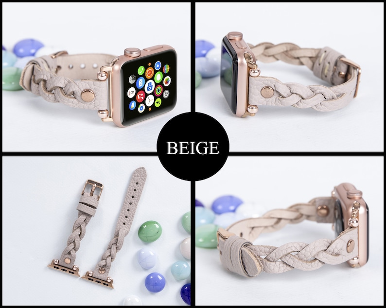 May include: Beige braided leather Apple Watch band with rose gold hardware. The band is shown on a white background with a close-up of the band and a side view of the band on a watch.