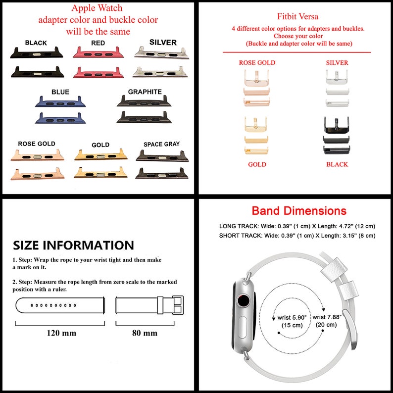 May include: A diagram showing the different color options for Apple Watch and Fitbit Versa watch bands. The Apple Watch band options include black, red, silver, blue, graphite, rose gold, gold, and space gray. The Fitbit Versa band options include rose gold, silver, gold, and black. The diagram also includes size information for the bands, with measurements in inches and centimeters. The text "Apple Watch" and "Fitbit Versa" are included in the image.