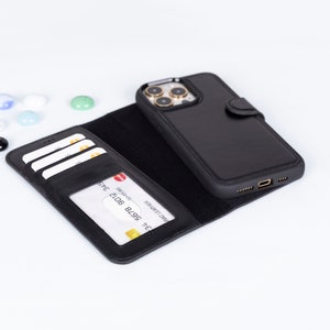 Leren iPhone 16 Pro Card Stand Wallet, iPhone 16 Pro Max MagSafe/Wireless Charger Cover, iPhone 15 Pro Max afneembaar hoesje, iPhone 15-hoesje