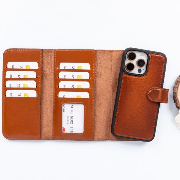 Leather iPhone 15 Pro 6.1" Wallet, Apple iPhone 14 Pro Max Case, iPhone 13 Trifold Wallet Case, iPhone 12 Mini Wireless MagSafe Charger Case