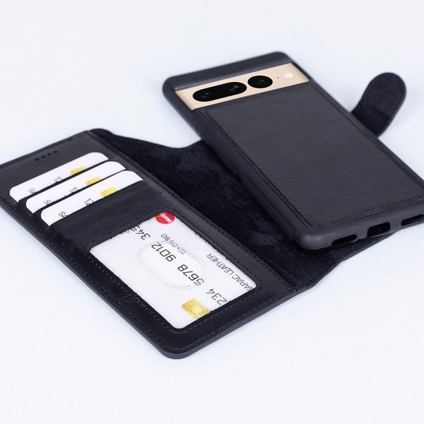 Leather Pixel 8 Case, Pixel 8 Pro Wallet, Google Pixel 7 Magnetic Detachable Cover, Personalized Pixel 7 Pro Stand Wallet, Bifold Card Case