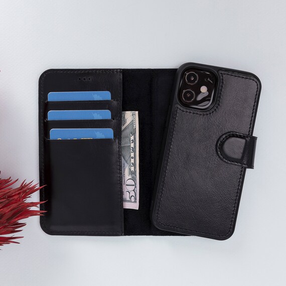 iPhone 12 Mini 5.4 Leather Wallet Customized Gift Back Cover BLACK Handmade Bifold Wallet Best Phone Case for iPhone 12 Mini