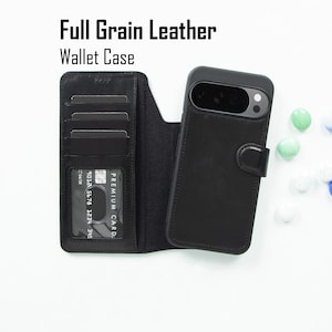 May include: A black full grain leather wallet case for a smartphone, featuring three interior card slots and a clear identification window. The text Full Grain Leather Wallet Case is printed above the open case, which holds a phone with a camera.