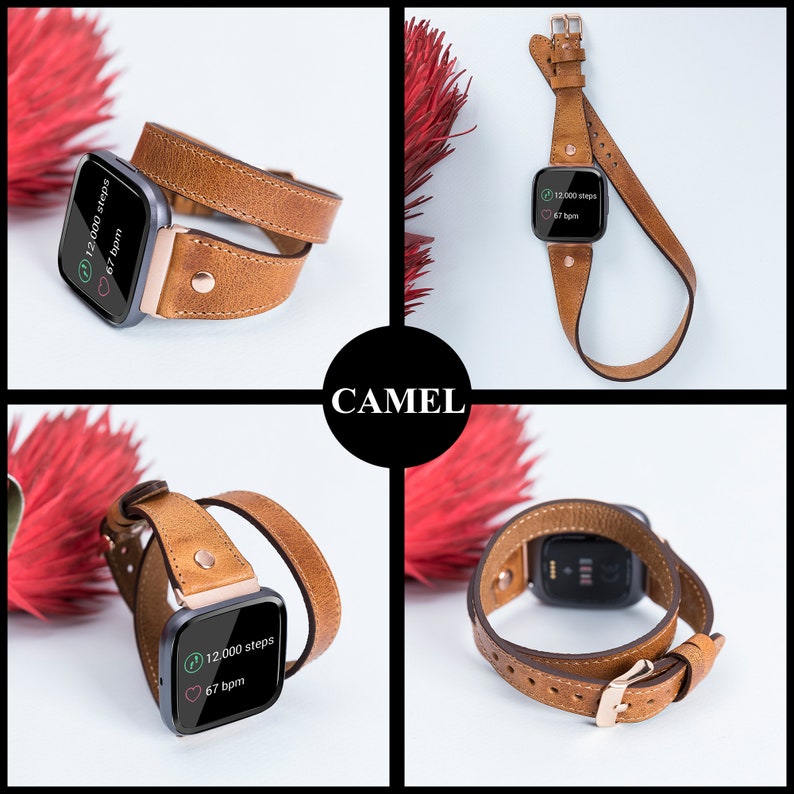 May include: A camel brown leather watch band with a rose gold buckle. The band is shown wrapped around a fitness tracker with a screen displaying "12,000 steps" and "67 bpm".