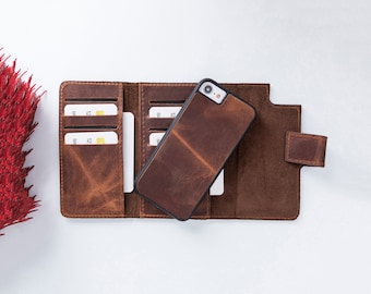 Personalized Full Grain Leather iPhone Wallet Case: Magnetic Detachable Cover