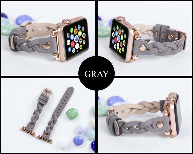 May include: A gray braided leather watch band with a gold-colored watch face. The watch face displays colorful app icons. The band is shown in multiple views, including a close-up of the braided detail and the band detached from the watch.