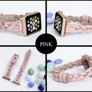 May include: Pink leather Apple Watch band with a braided design. The band is shown in multiple views, including a close-up of the braided detail and the watch face. The watch has a gold-colored case. The word "PINK" is in a black circle.