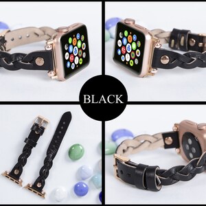 May include: Black braided leather Apple Watch band with gold-colored hardware. The band is shown in multiple views, including a close-up of the braided design and the watch face. The word "BLACK" is displayed in a black circle.