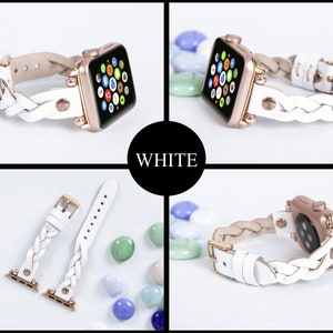 May include: White braided leather Apple Watch band with a rose gold case. The band features a classic buckle closure and is shown in multiple views. The word "WHITE" is displayed in a black circle.