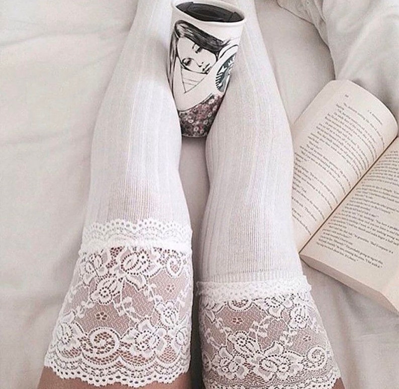 Thigh highs lace - Cotton Thigh High socks - knee high socks - thigh high stockings - knee high socks-lace and bow high thigh socks-cosplay 