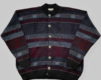 L Vintage 80s Mens Cardigan Grey Retro Aztec Stripe Grandad Sweater Geek D64