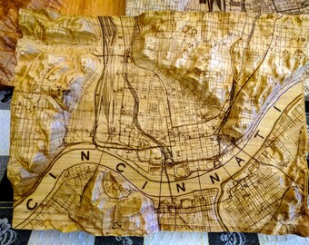 Cincinnati - 3D Map Carving - 3D Wood Carved Terrain Map with Woodburned Map Features, Lines & Text