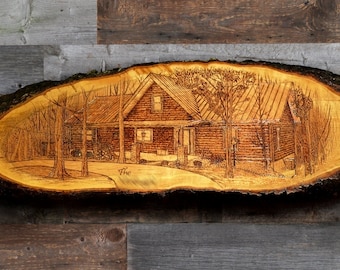 Rustic Woodburning of YOUR House -  Live Edge | Custom Pyrography Artwork | Hardwoods | Unique | Personalized