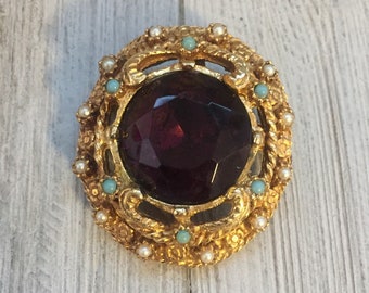 Vintage Gold Brooch With Purple, Turquoise And Pearl Beads