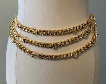 Stunning ST. JOHN Vintage 1980&#39;s-90&#39;s Triple Chain Draped Long Gold  Designer Couture Belt