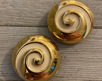 Massive NOS Vintage 1980's Gold & Beige Enamel Modern Swirl Runway Statement Clip Earrings