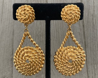 Massive Vintage 1980&#39;s Gold Rope Dangling Modern Statement Clip Earrings