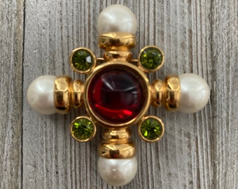 AVON Vintage 1990&#39;s Gripoix Maltese Cross Brooch Pin With Green Rhinestones, Faux Pearls And Red Cabochon