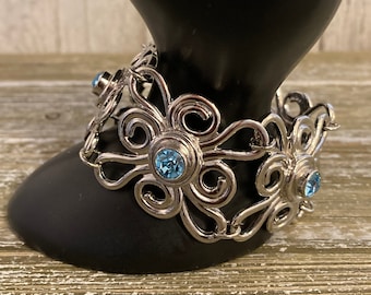 Beautiful Vintage 1990&#39;s AVON Silver Floral Bracelet With Blue Rhinestones