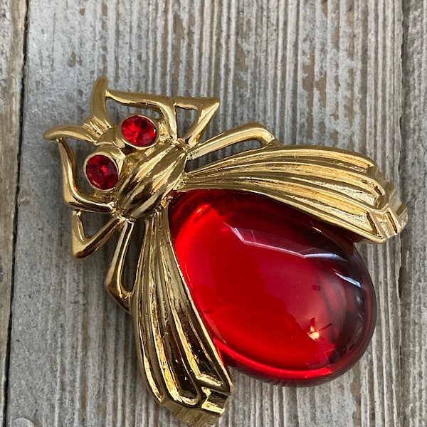 TRIFARI Signed Vintage 1980's Gold And Red Gripoix  Insect Classic Brooch