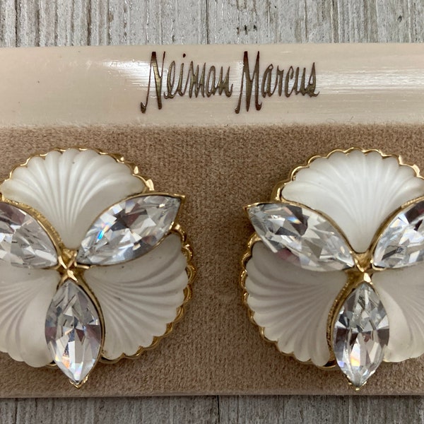 GUY LAROCHE/Neiman Marcus NOS Vintage 1980's Round Gold With Clear Glass Classic Designer Statement Clip Earrings