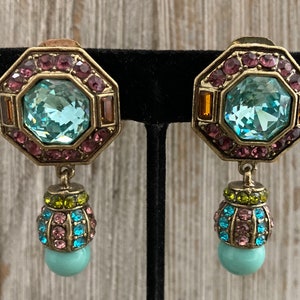 Beautiful HEIDI DAUS Vintage 1990&#39;s Multicolored Blue Rhinestone Dangled Clip Earrings