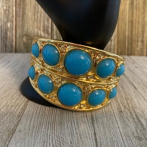 Vintage 1990&#39;s KJL/Kenneth Jay Lane NOS Gold With Turquoise Cabochons & Rhinestones Hinged Cuff Bracelet