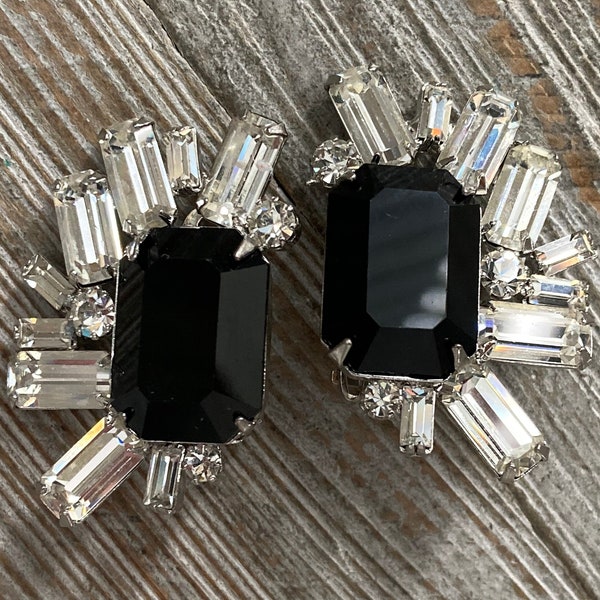 KIRK'S FOLLY Signed Vintage Black Rhinestone Classic Clip Earrings