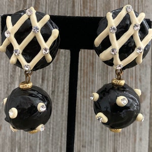 Fabulous Vintage 1990&#39;s Black And Beige Dangle Statement Clip Earrings With Rhinestones