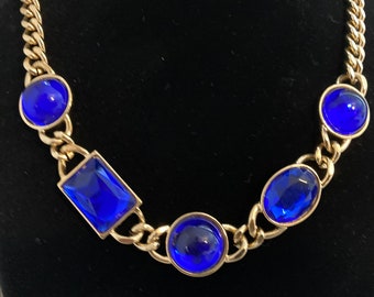 Vintage 1990's AVON Gold & Blue Cabochon Gripoix Style Statement Collar Necklace