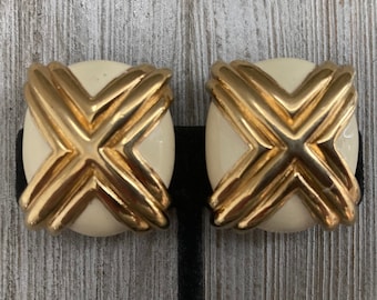 Vintage 1990's ST JOHN Signed Modern Gold Beige Enamel X Rectangular Classic Modern Statement Clip Earrings