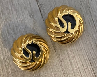 Vintage 1990's ST.JOHN Gold And Black Round Classic Statement Clip Earrings