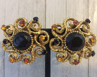 Vintage Graziano Chunky Gold Bejeweled Statement Earrings