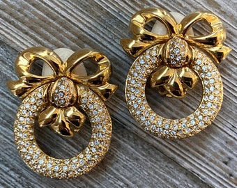 Gorgeous WD/ White Diamonds? Signed Vintage 1990's Gold With Rhinestones Classic Statement Clip Earrings